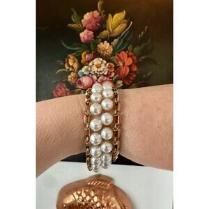 Vintage 1950's Faux Pearl & Gold-Tone Chain Bracelet Sarah Coventry